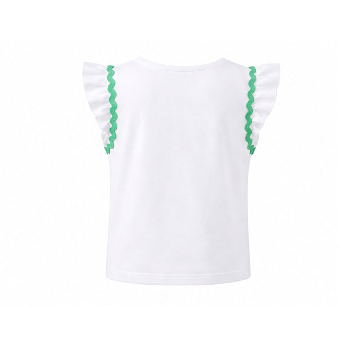 White top with green trim on a white background
