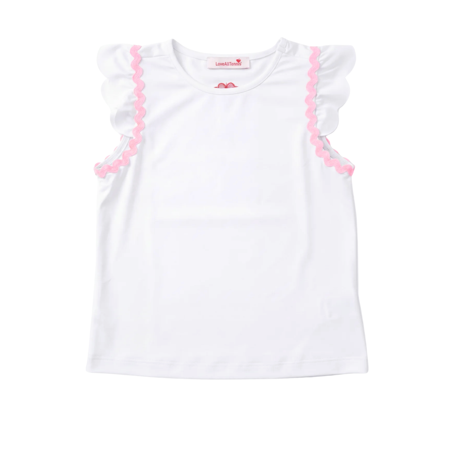 White sleeveless top with pink trim on a white background
