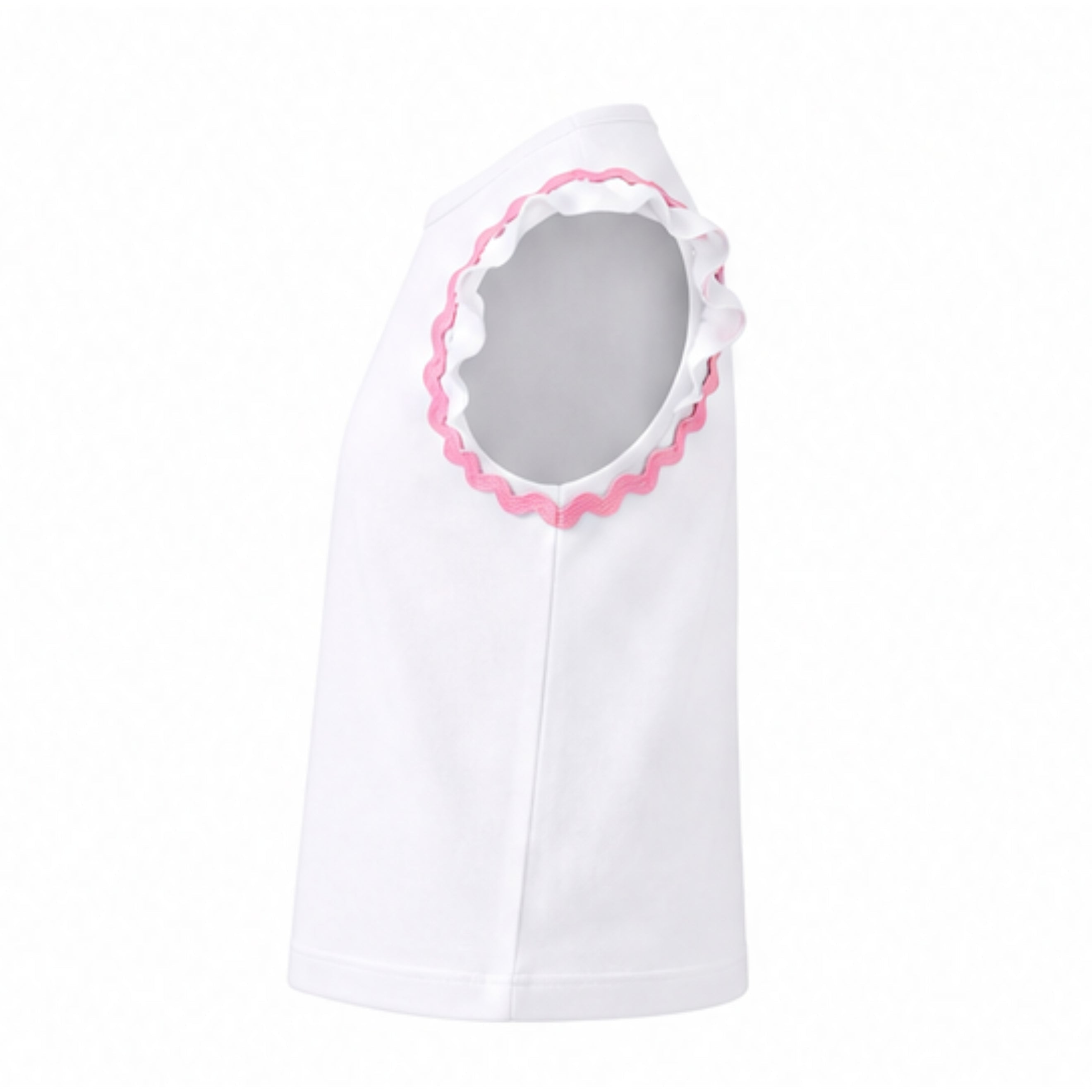 White baby bib with pink trim on a white background