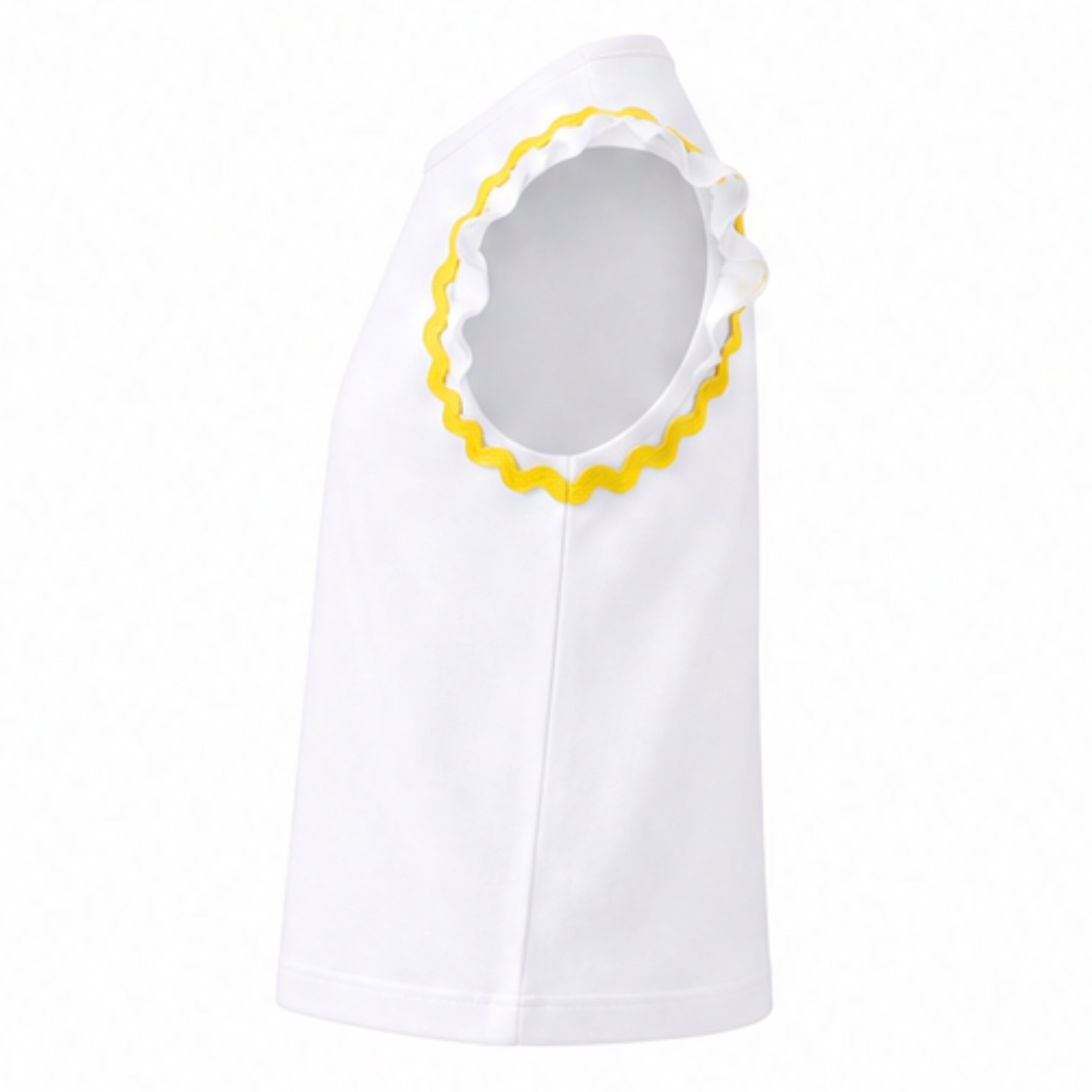 White sleeveless top with yellow trim on a white background