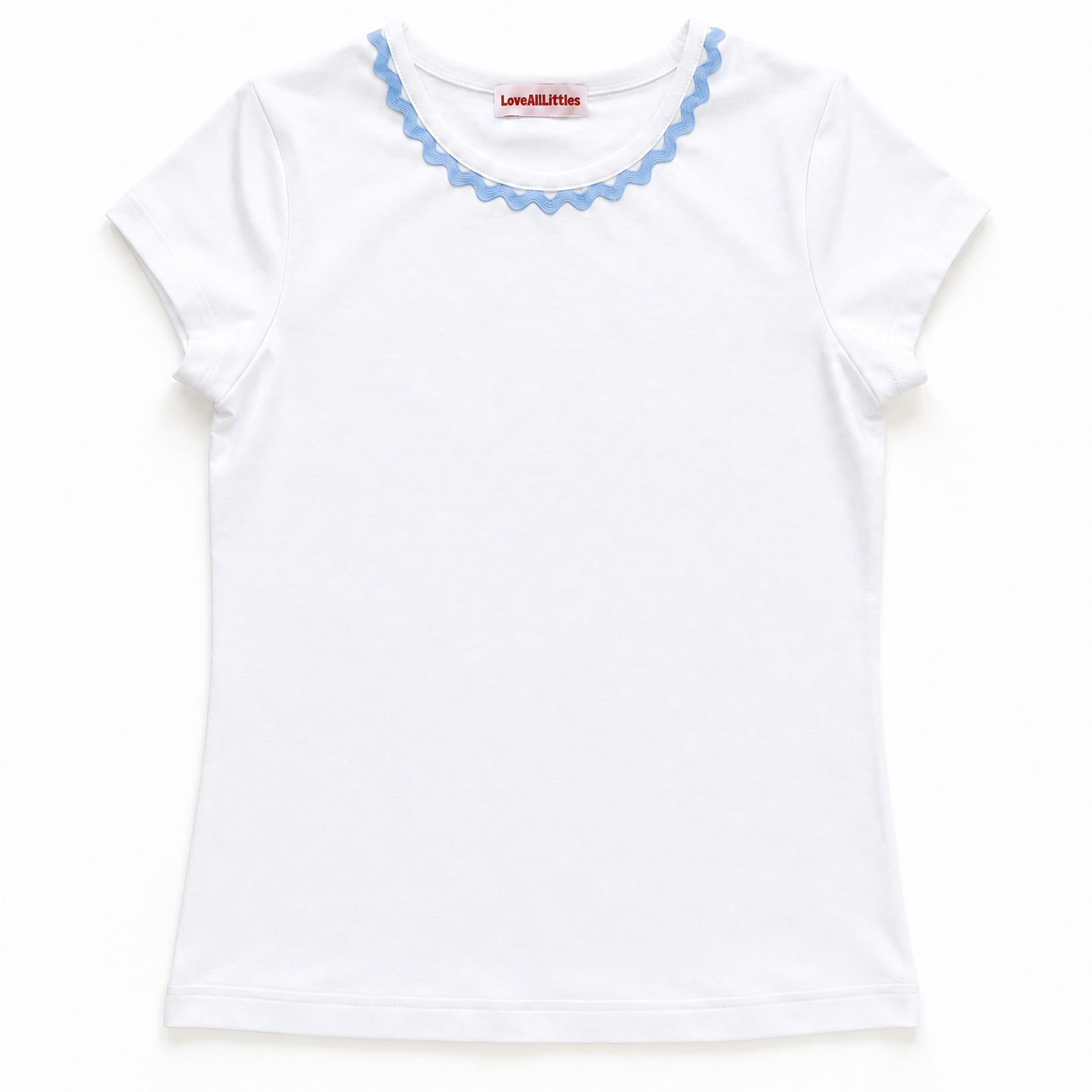 White t-shirt with blue trim on a white background