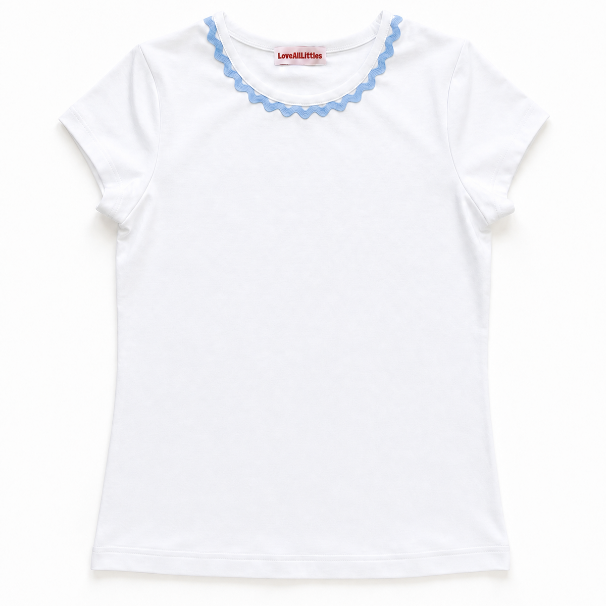 White t-shirt with blue trim on a white background