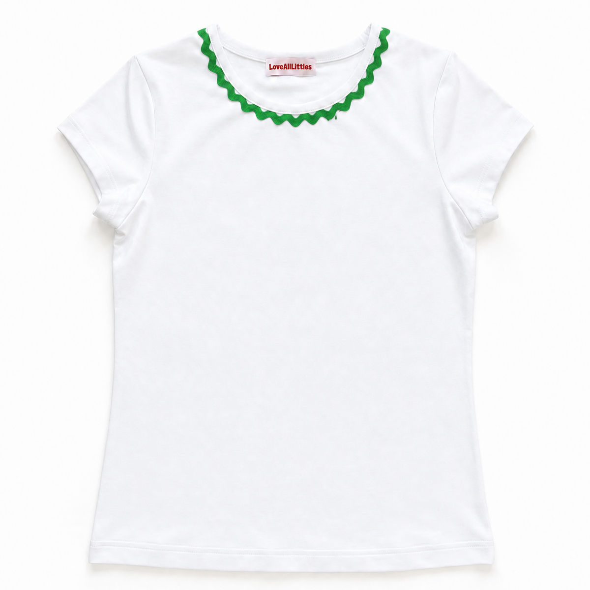 White t-shirt with green ruffled collar on a white background