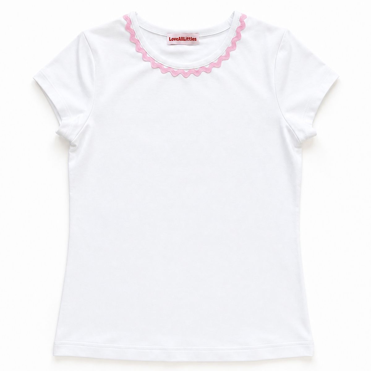 White t-shirt with pink trim on a white background