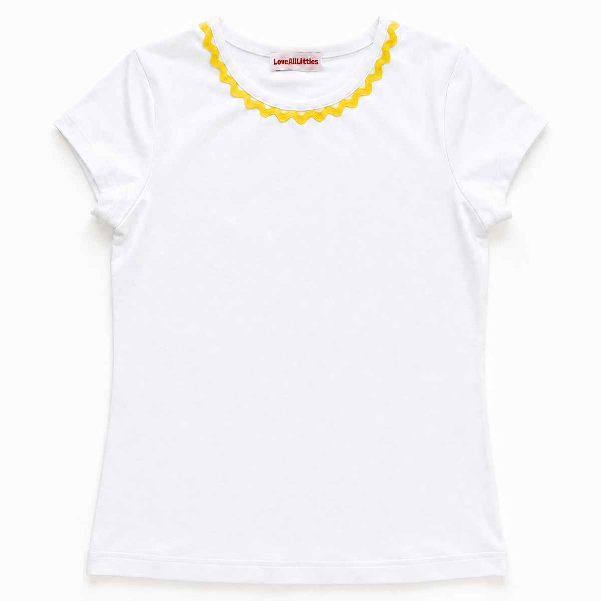 White t-shirt with yellow trim on a white background