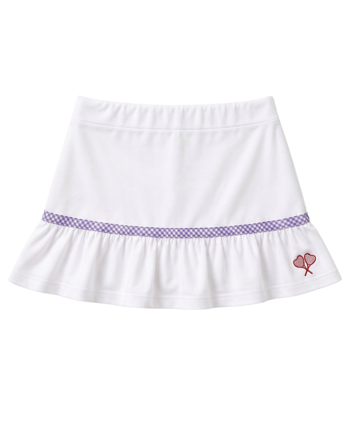 A white ruffled skirt with a purple gingham pattern band around the waist and a small red embroidered heart tennis rackets crossed motif on the lower right side, shown against a plain white background.