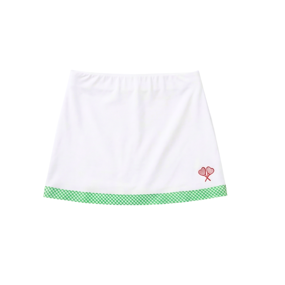 White skirt with green trim and a small red logo on a white background