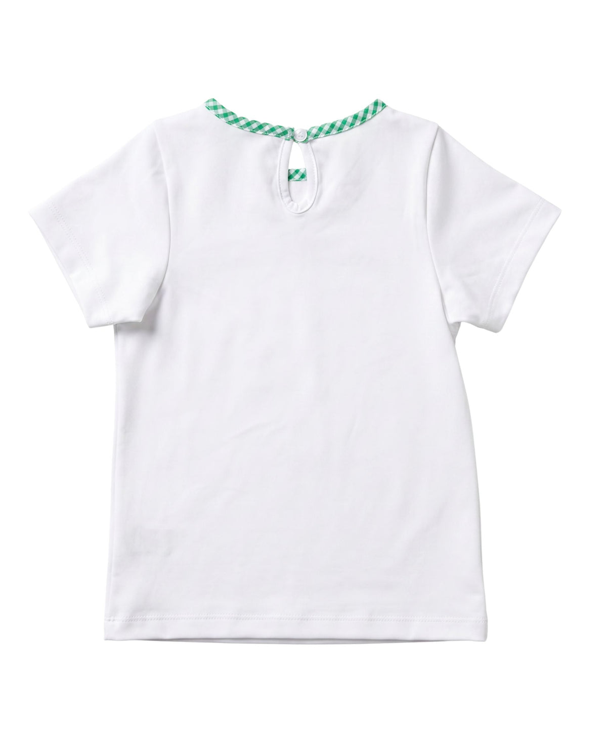 A white short-sleeve baby t-shirt shown from the back, featuring a green and white checkered rope-style collar with a small keyhole closure and a decorative bow.