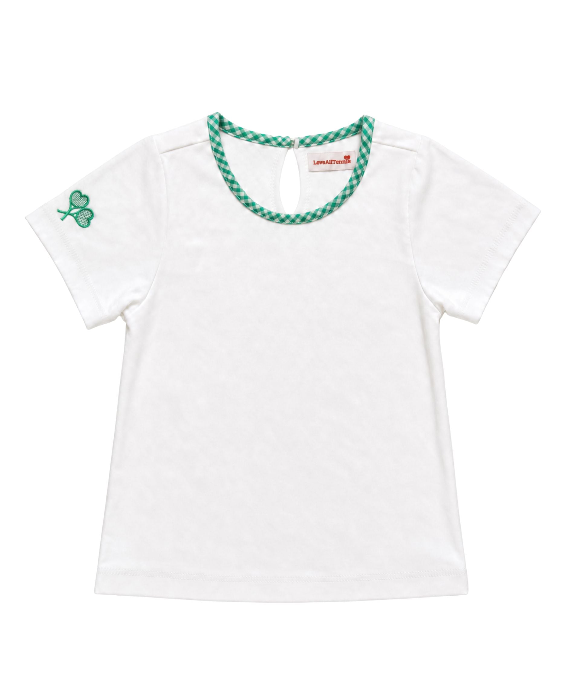 A white short-sleeve baby tee with a green and white checkered trim around the crew neck and a green shamrock on the left sleeve, shown on a plain white background.