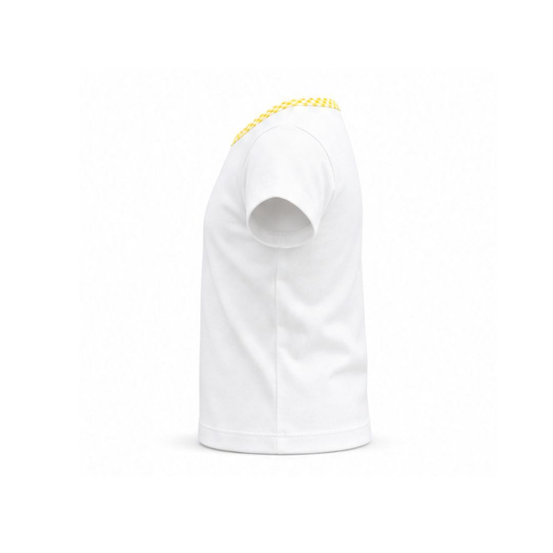 White t-shirt with yellow trim on a white background