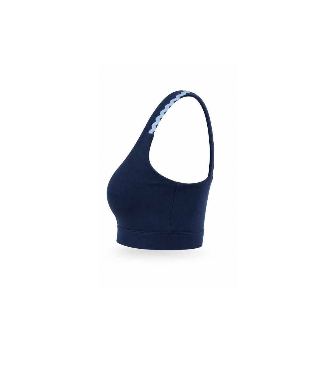 Navy sports bra on flat white background