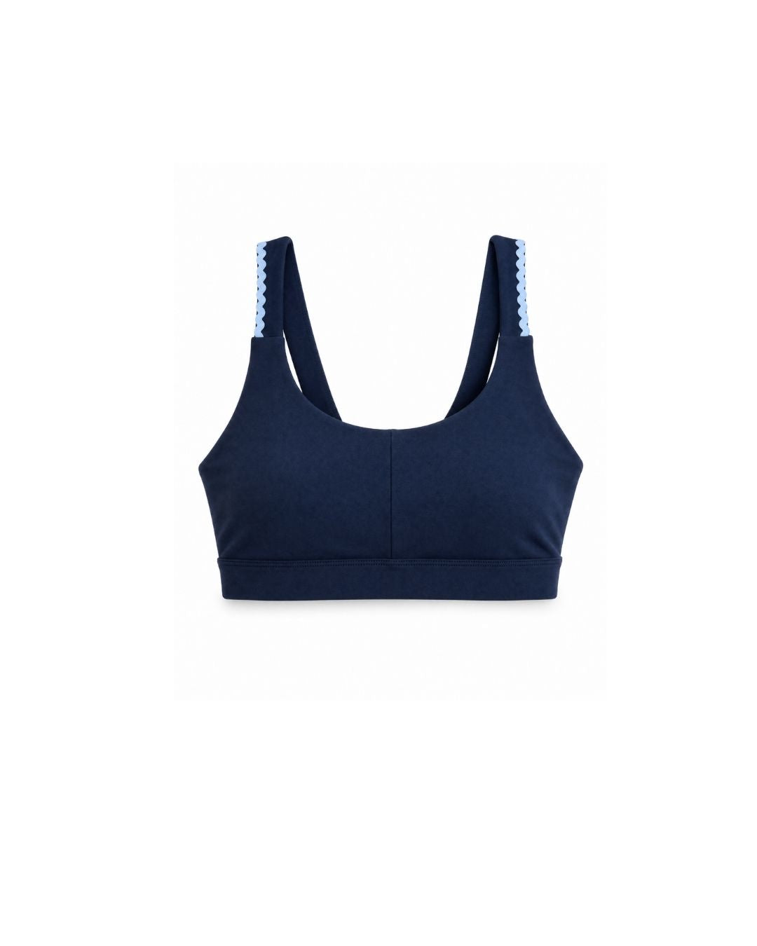 Navy blue sports bra with light blue trim on a white background