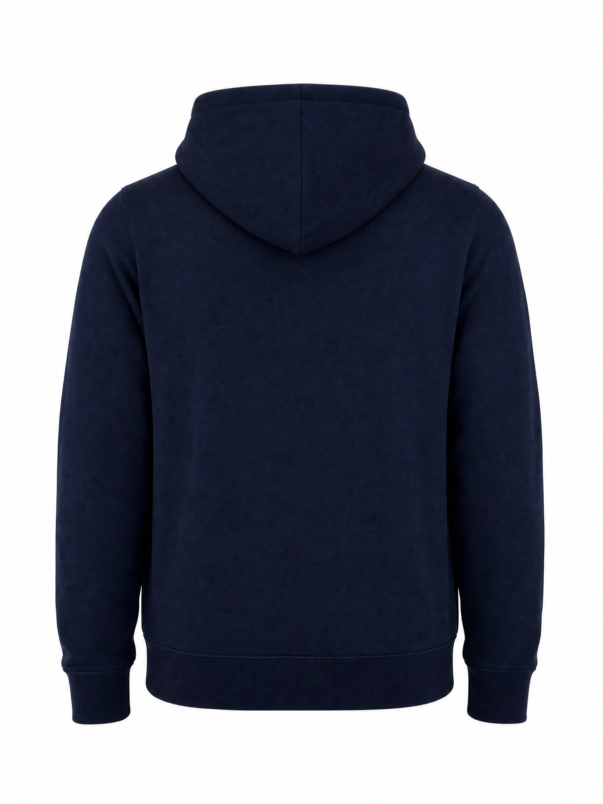 A dark navy blue hooded sweatshirt shown from the back, photographed against a solid white background.
