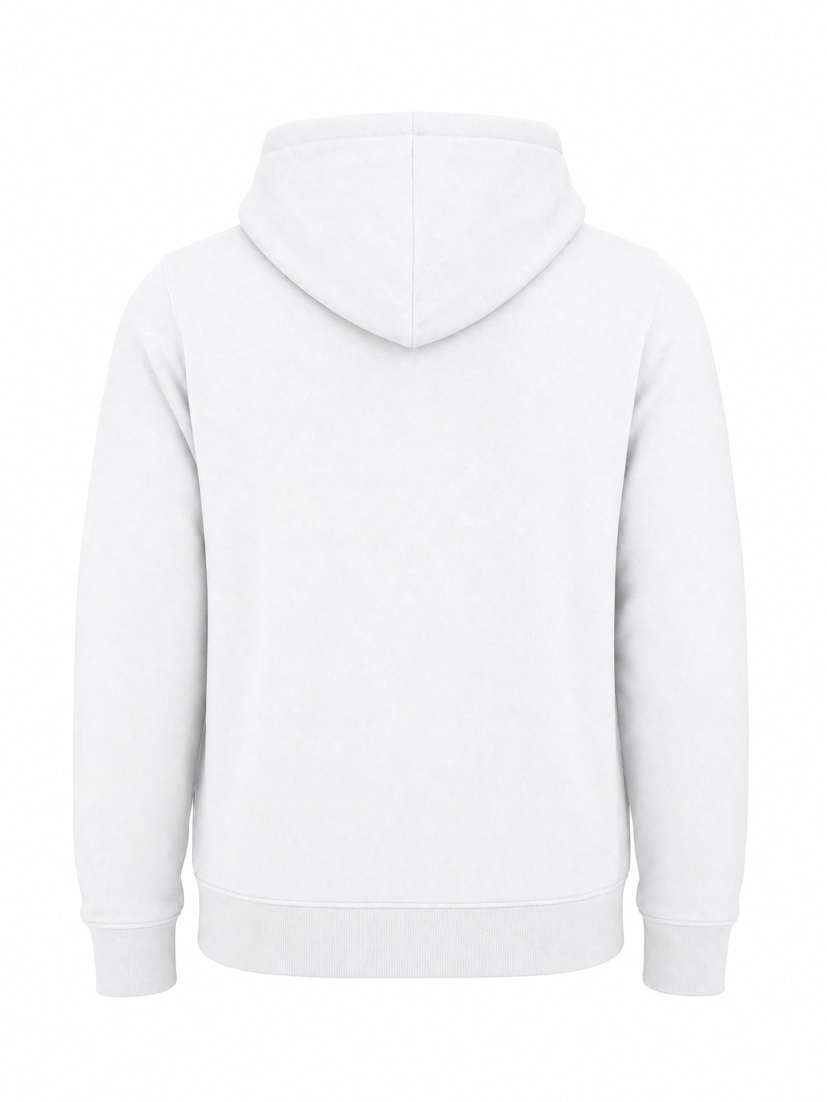 A plain white pullover hoodie shown from the back, photographed on a clean white background.
