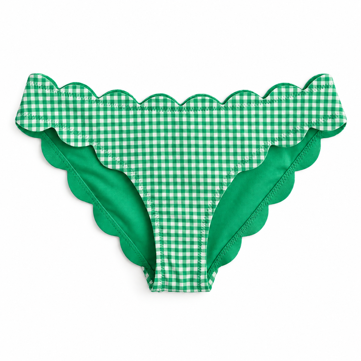 Green and white gingham bikini bottom with scalloped edges, shown flat on a white background.