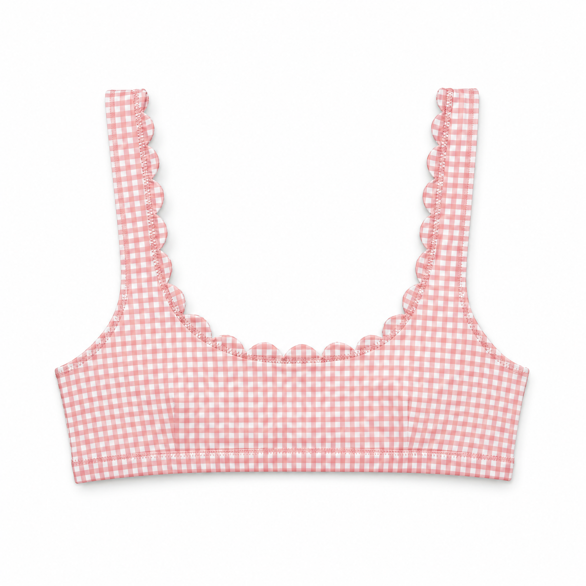 A pink and white gingham check bikini top with scalloped trim along the neckline and straps, shown flat against a white background.