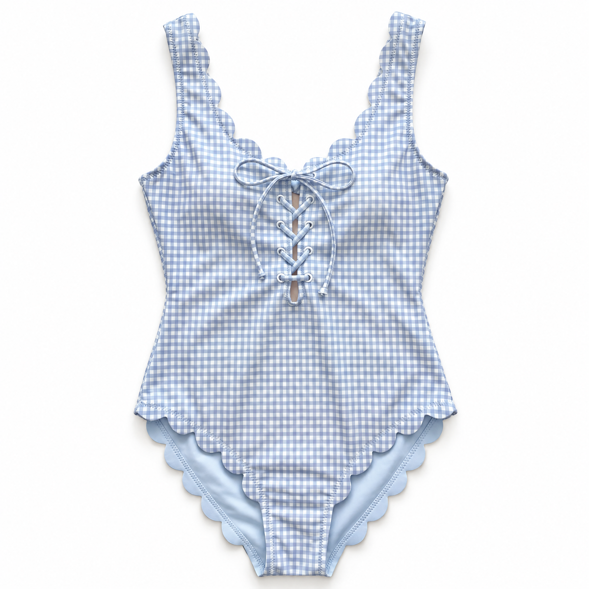 A light blue and white gingham one-piece swimsuit with scalloped edges, featuring a lace-up front detail, shown flat against a white background.
