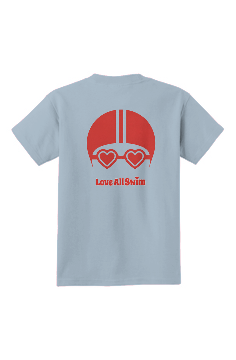 Light blue t-shirt with red swim cap and goggles graphic and 'Love All Swim' text on a white background