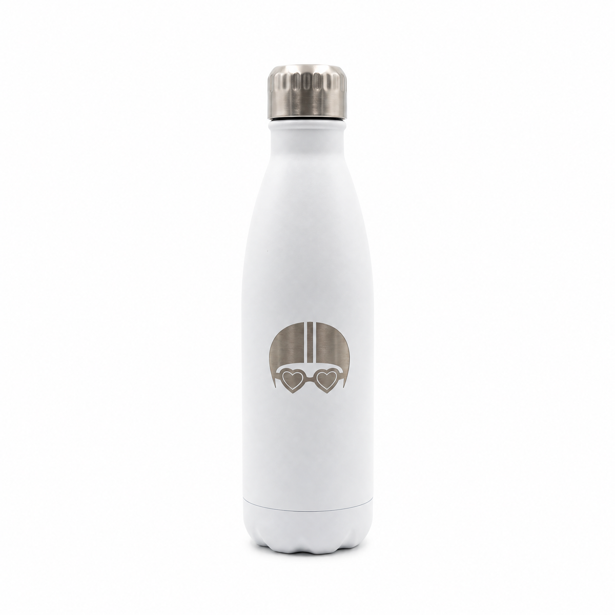 A white insulated water bottle with a stainless steel cap, featuring a graphic of a swim cap with heart-shaped goggles on the front, set against a plain white background.