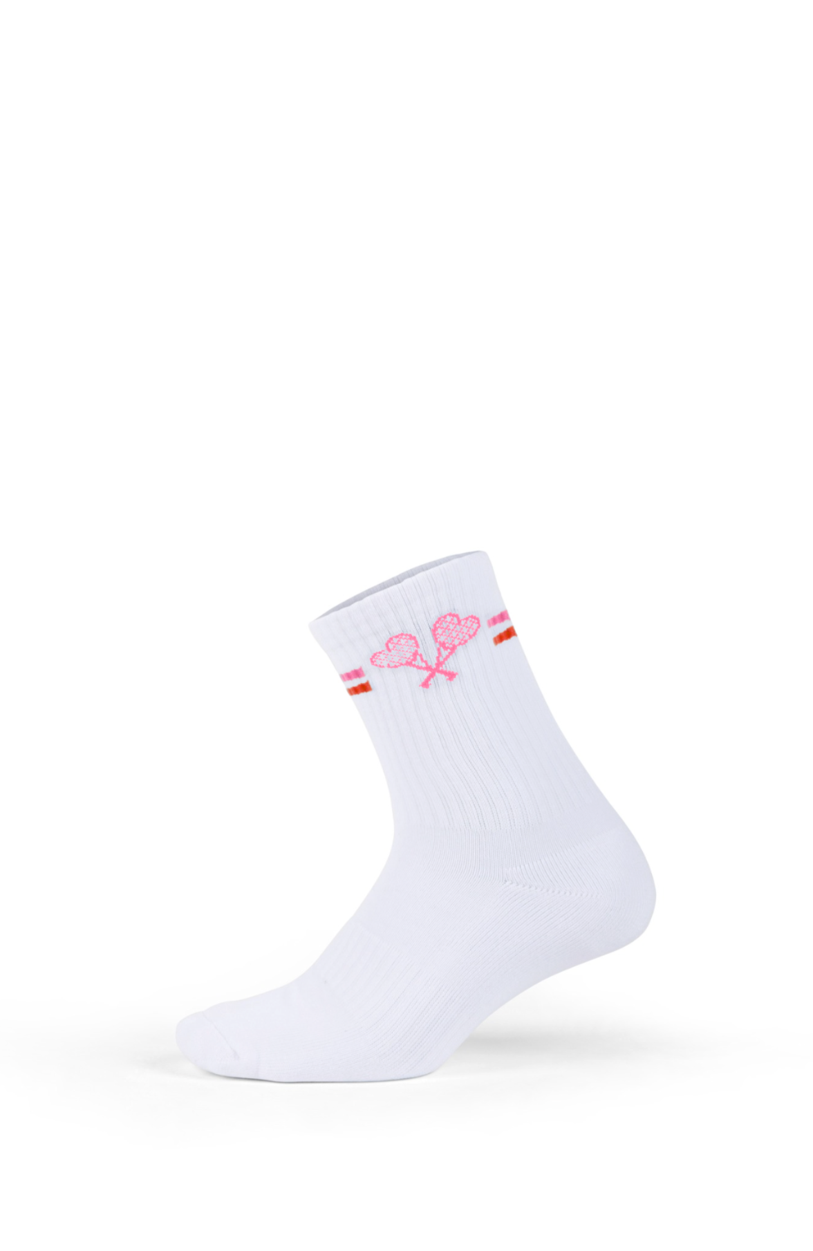 White sock with pink and red design on a white background