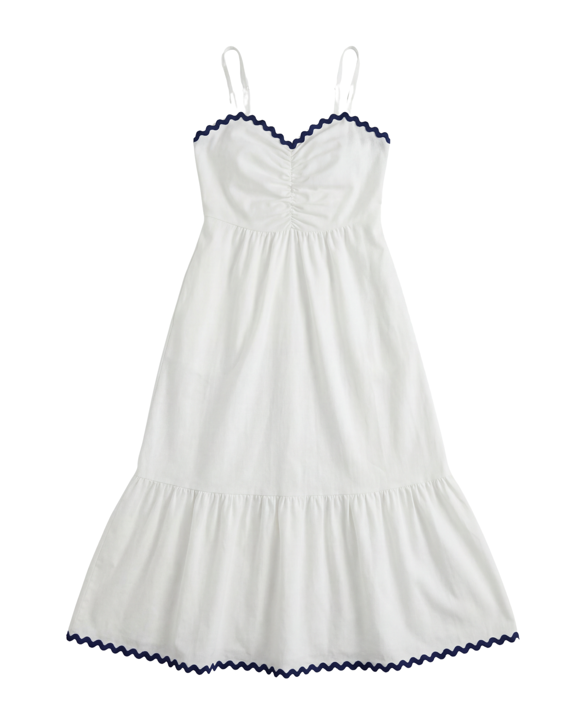 White dress with blue trim on a white background