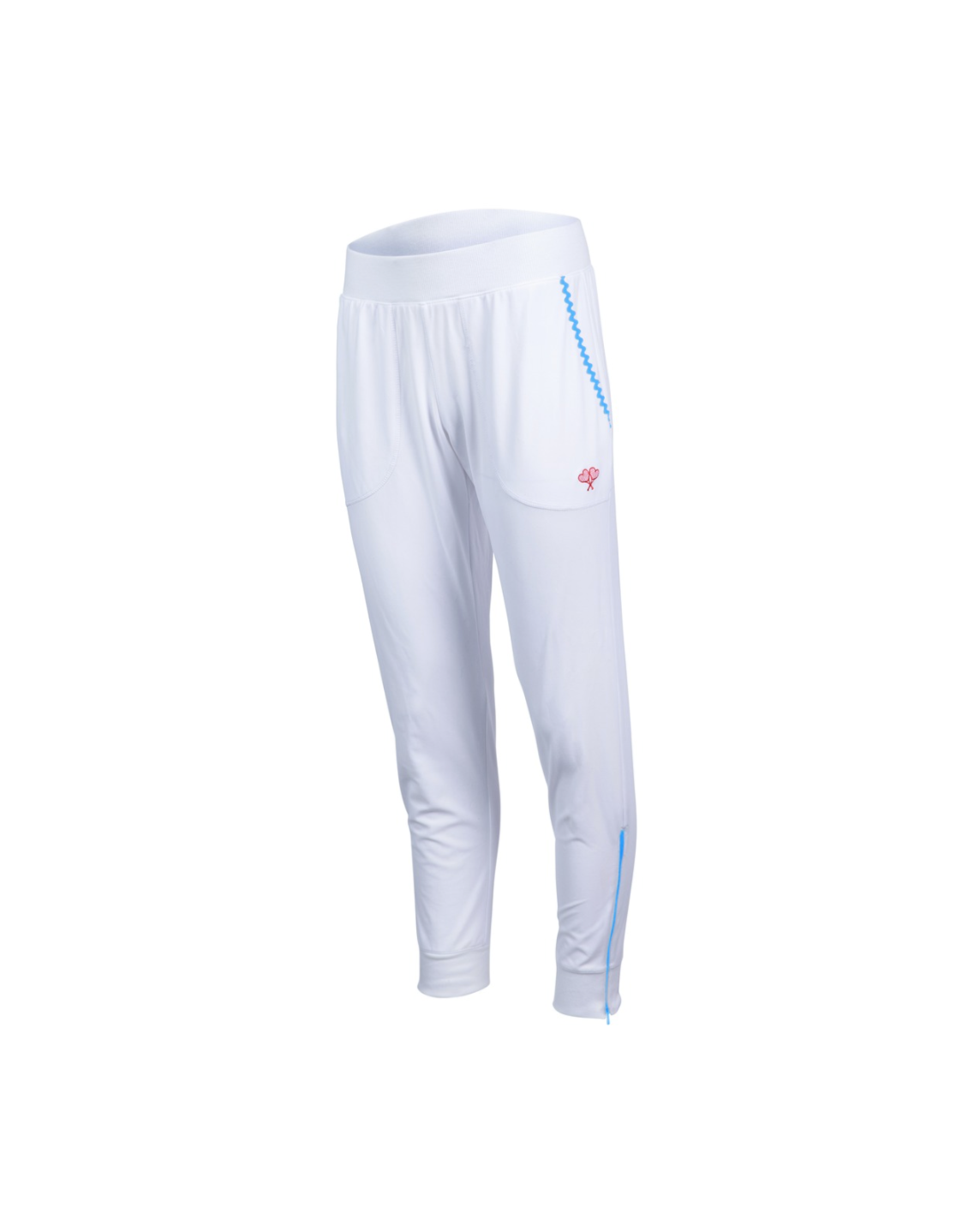 White athletic pants with a logo on a white background