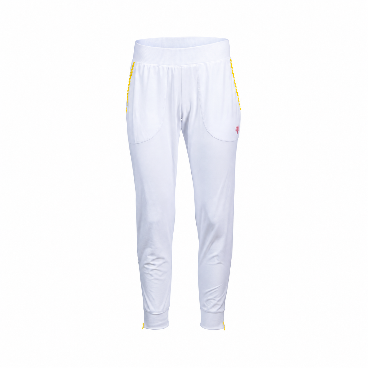 White athletic jogger pants with yellow braided side accents and a small red logo on the left thigh, shown against a plain white background.