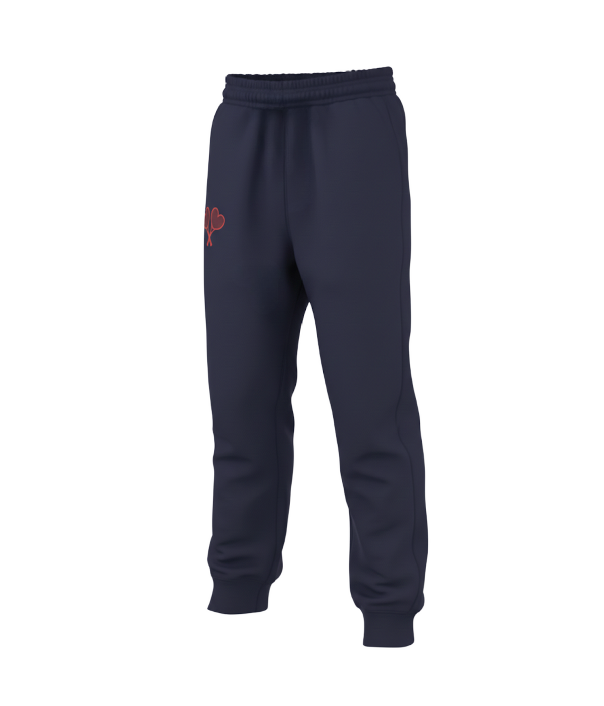 Navy blue sweatpants with a red logo on a white background