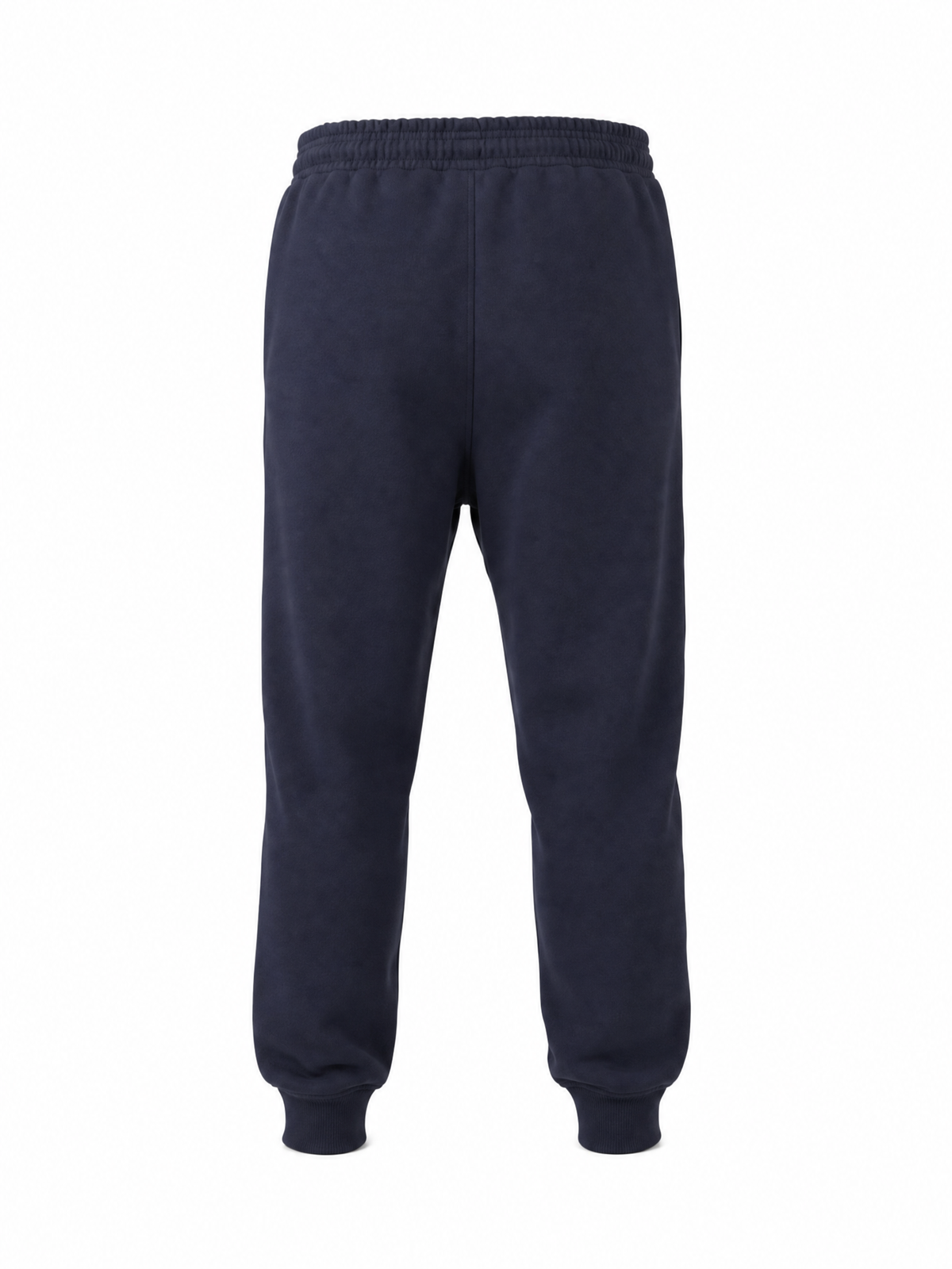A pair of dark navy blue sweatpants shown from the back, featuring an elastic waistband and ribbed cuffs, set against a plain white background.