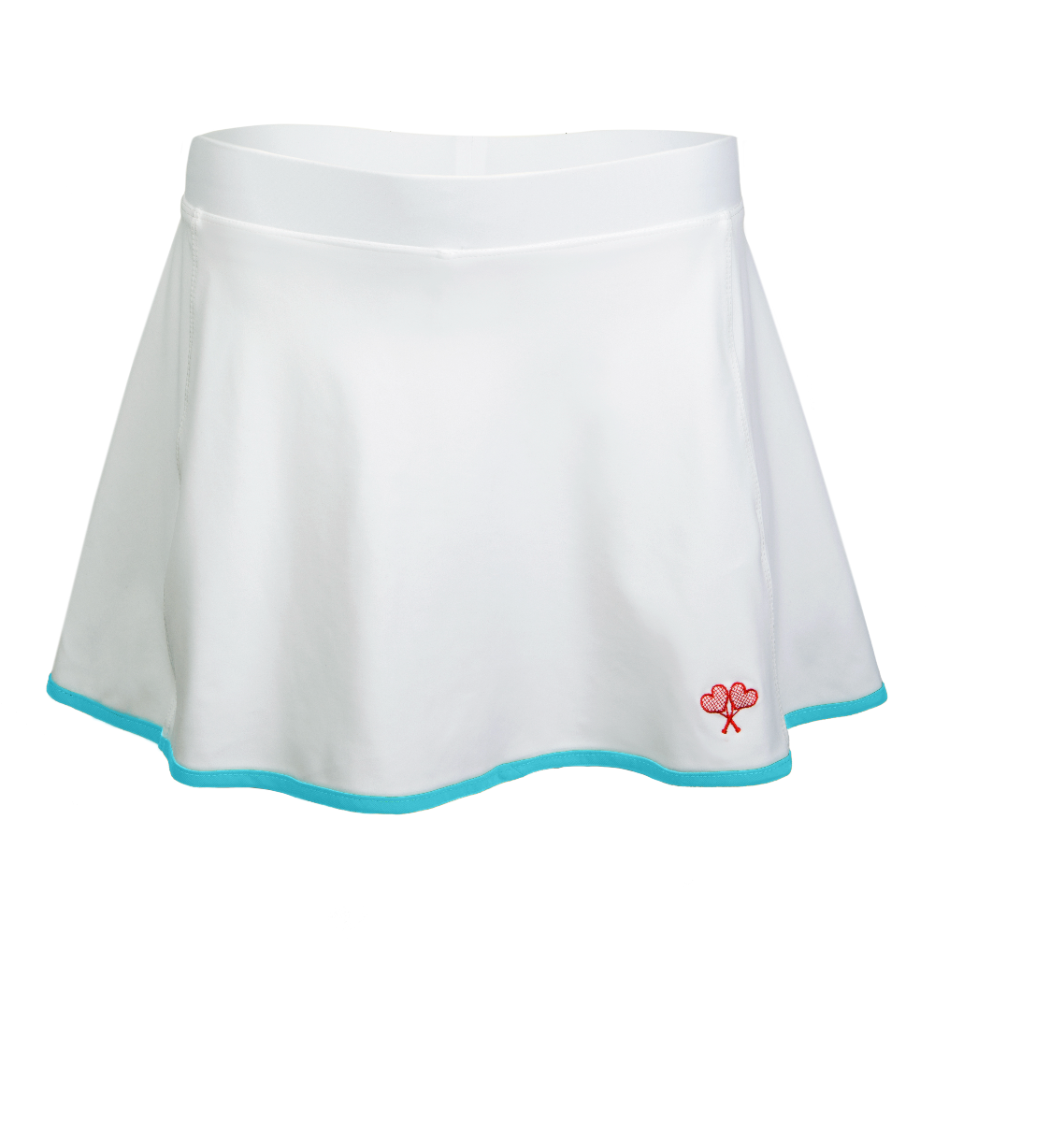 White tennis skirt with blue trim and a red logo on a white background
