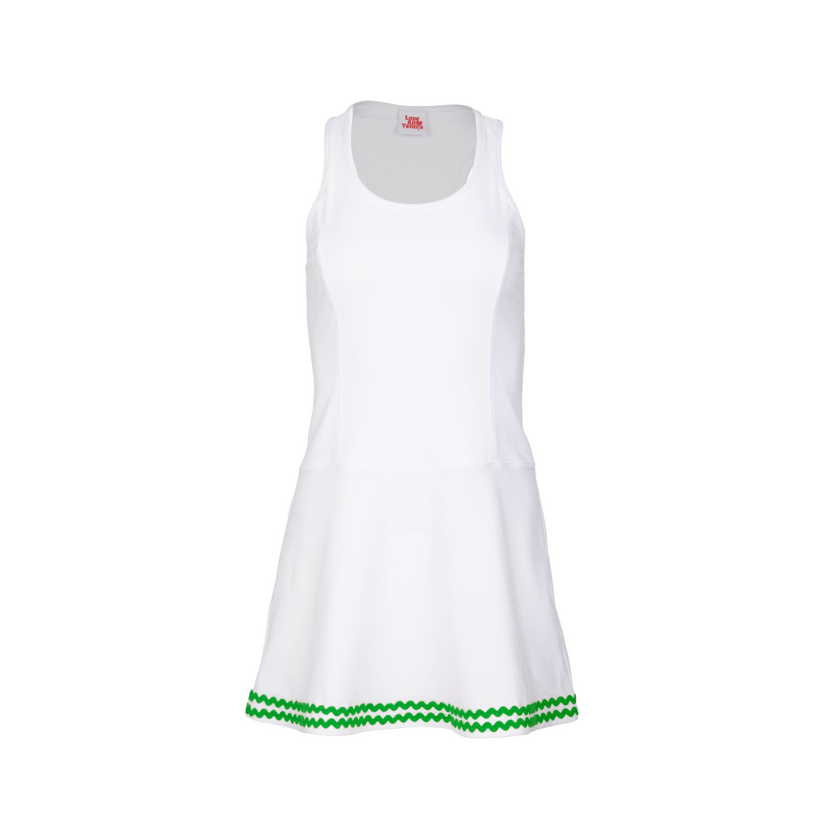 White dress with green trim on a white background