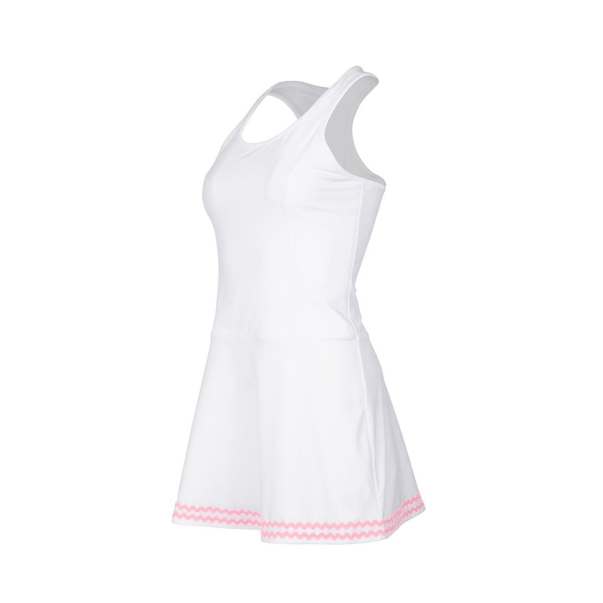 White dress with pink trim on a white background