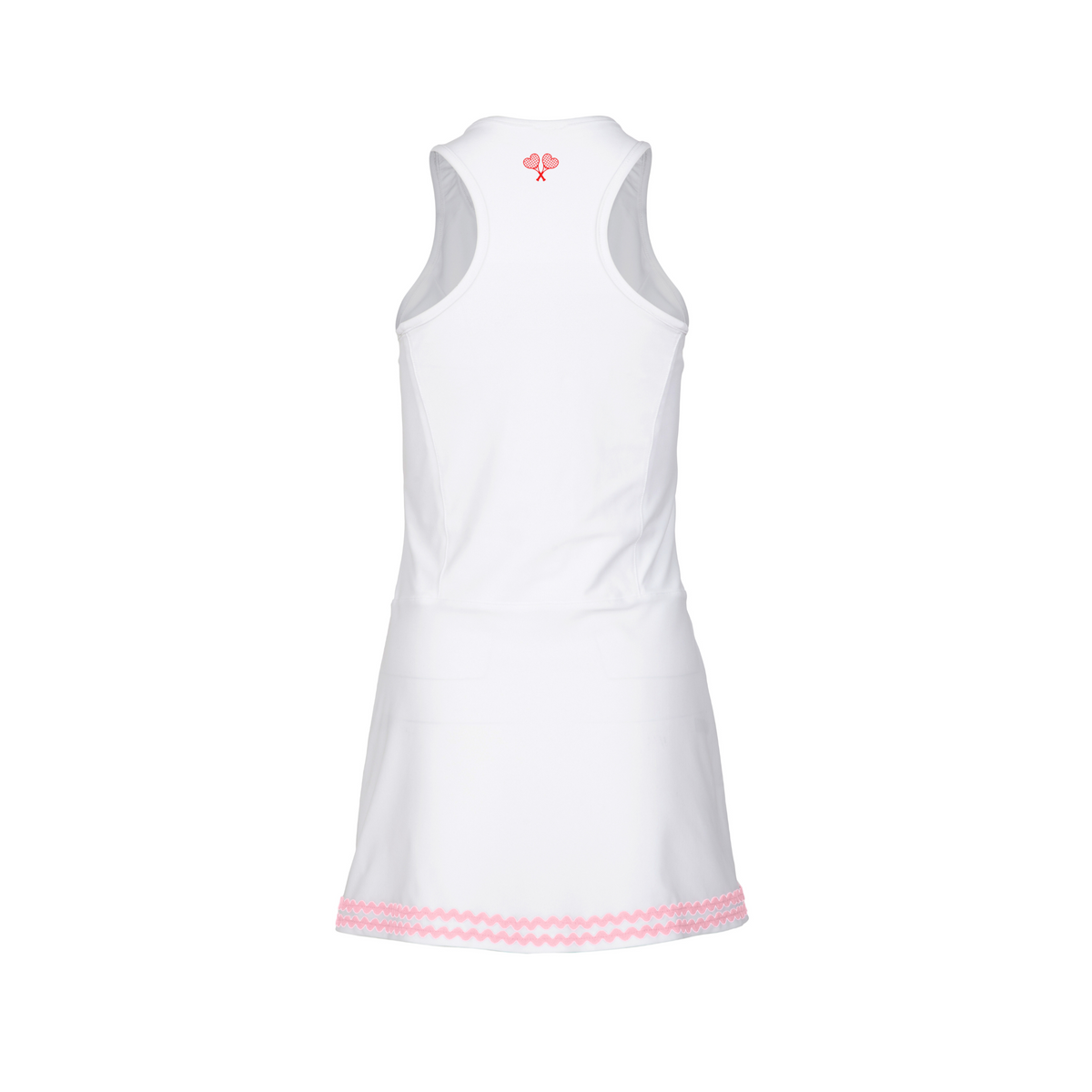 White sleeveless dress with pink trim on a white background