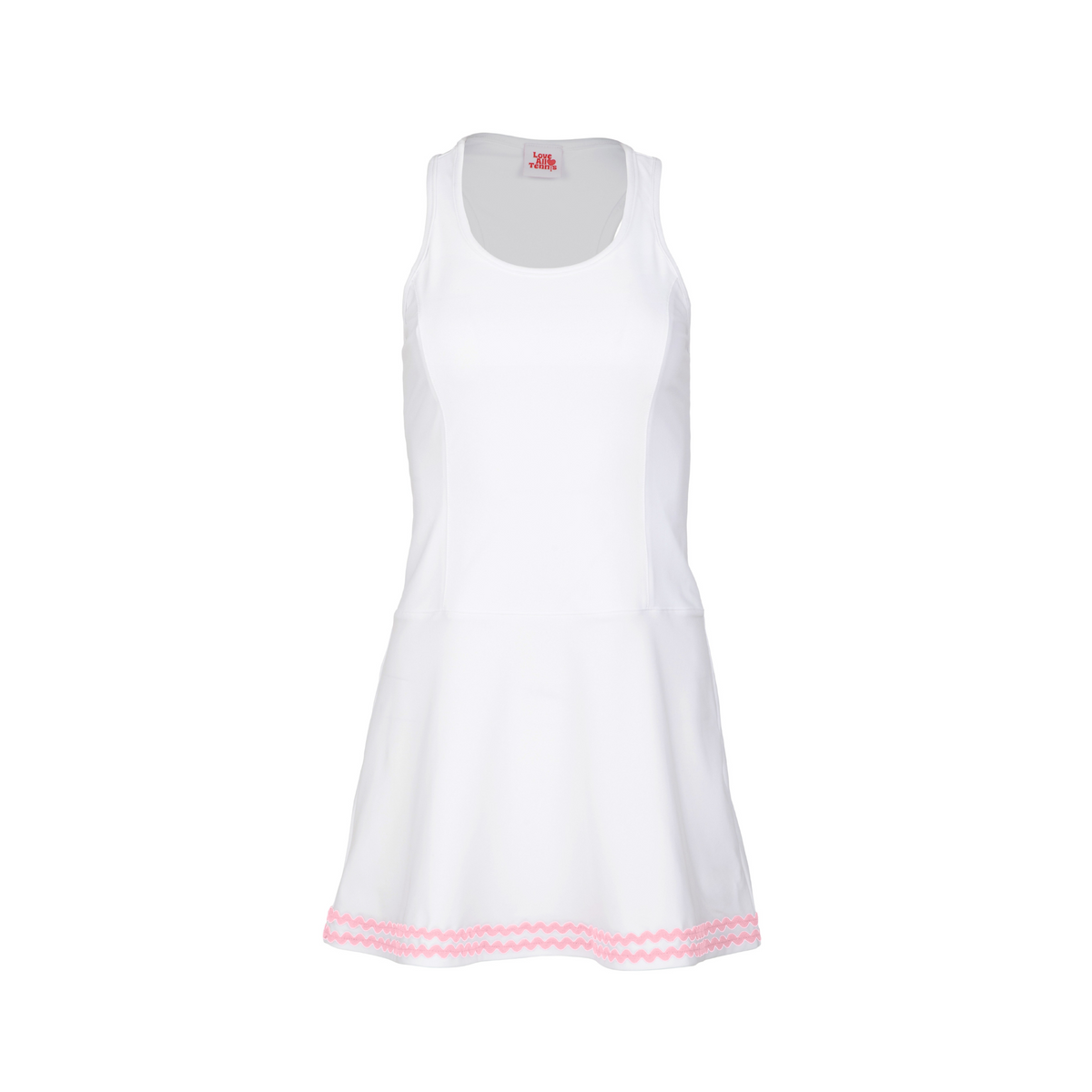 White dress with pink trim on a white background