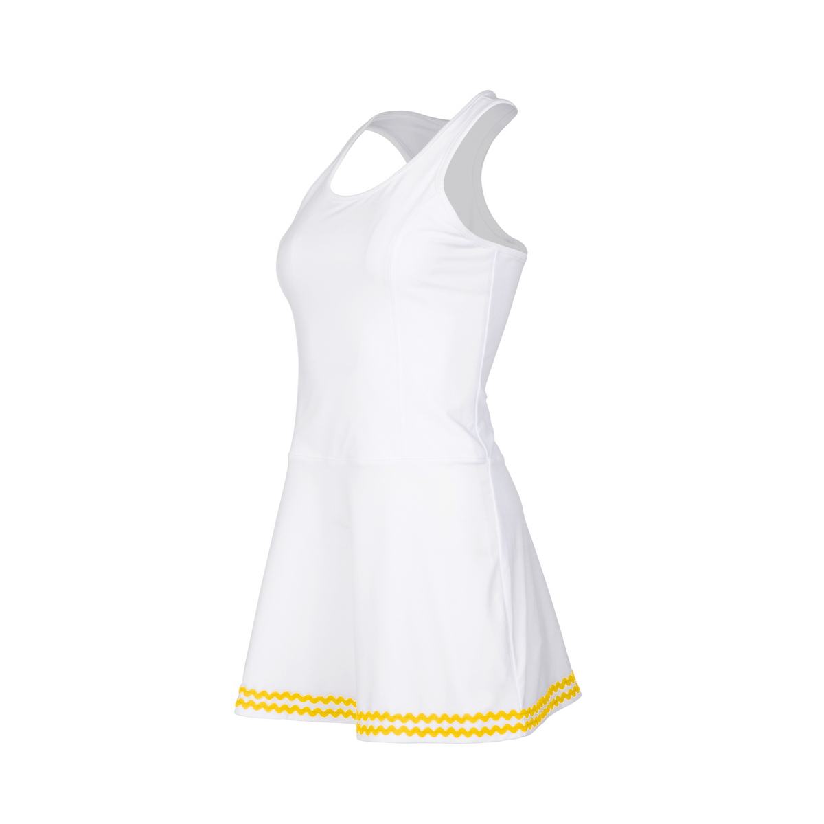 White dress with yellow trim on a white background