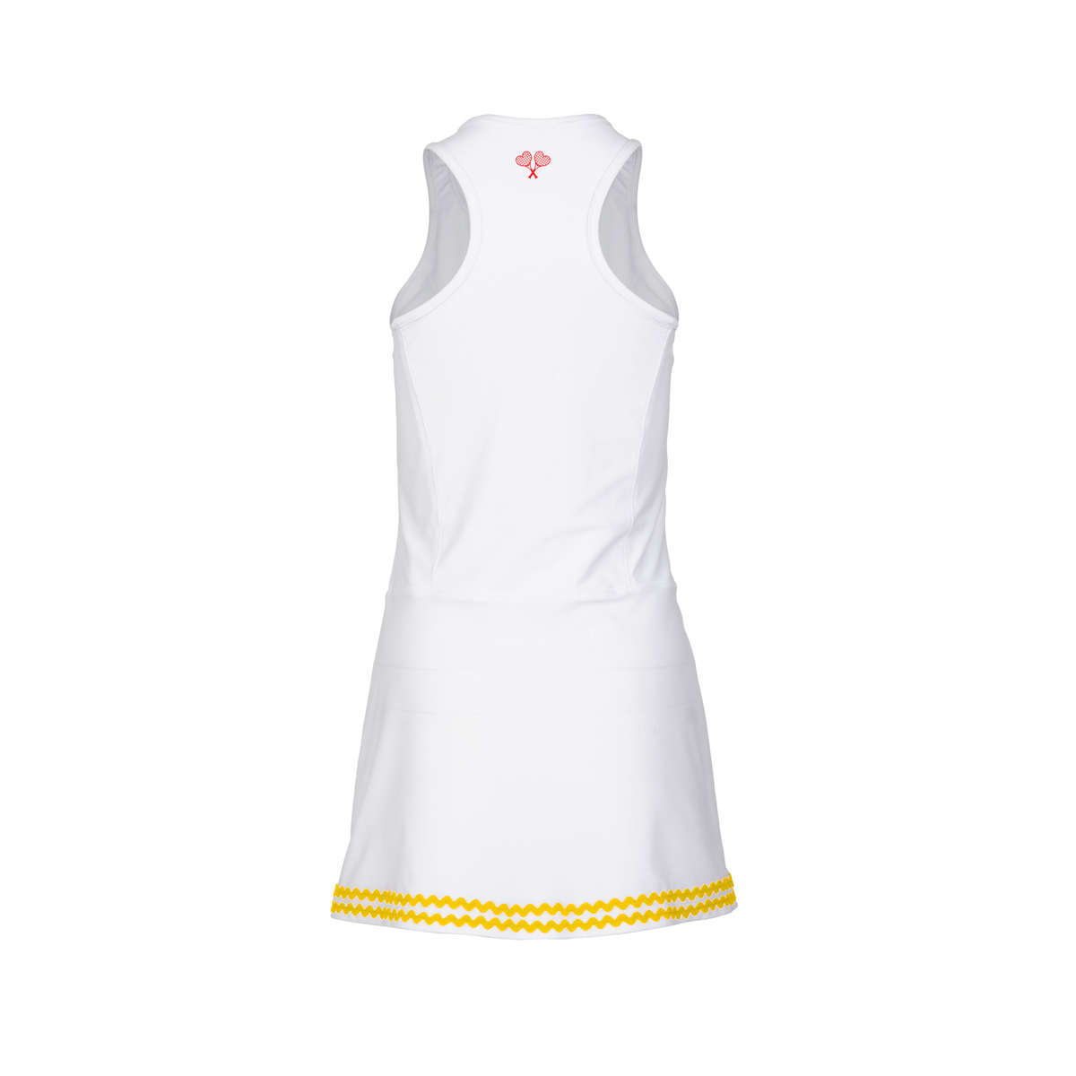 White dress with yellow trim on a white background