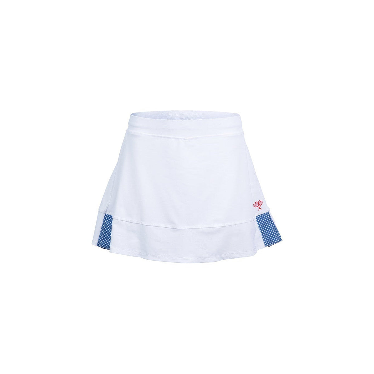 White tennis skirt with blue accents on a white background