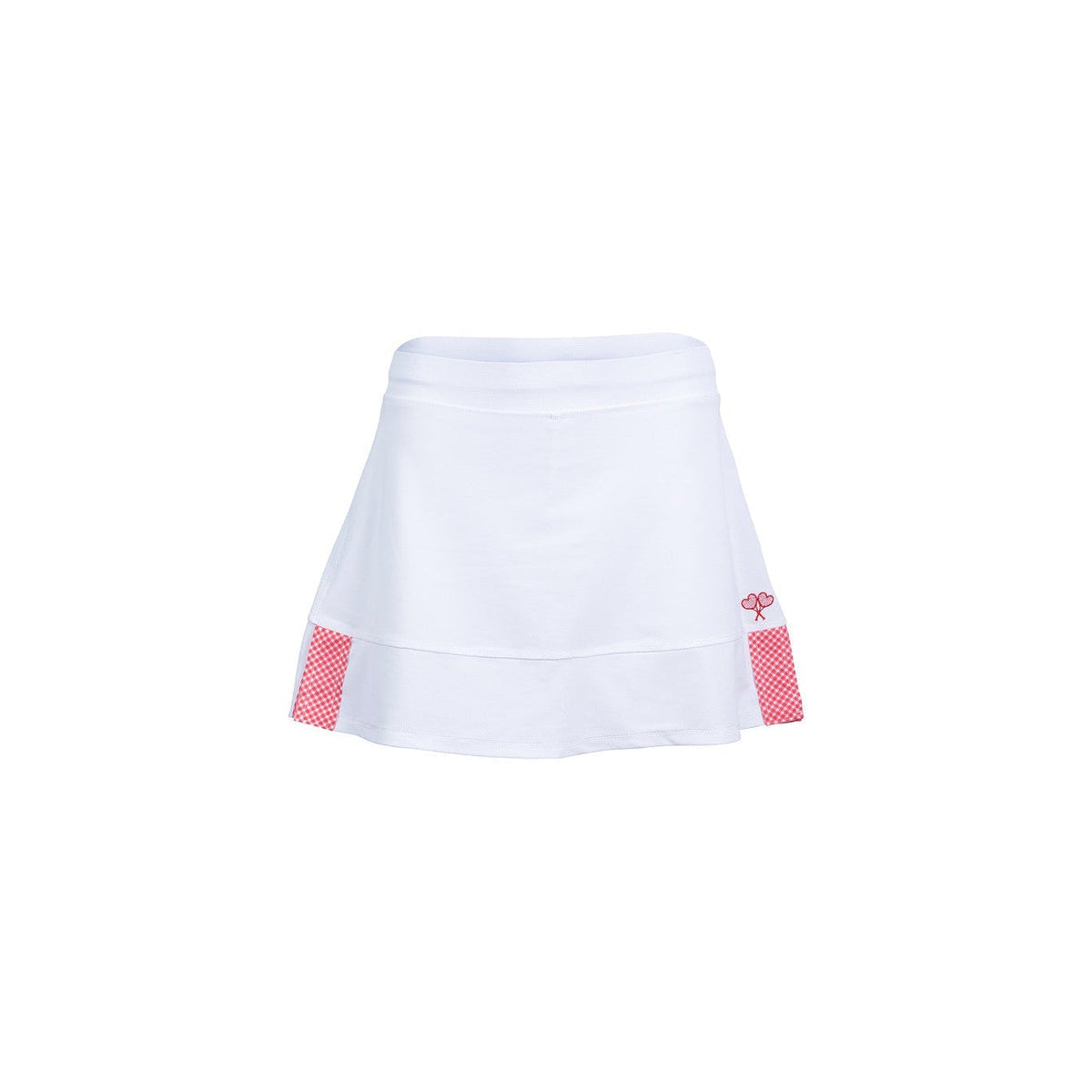 White tennis skirt with pink accents on a white background
