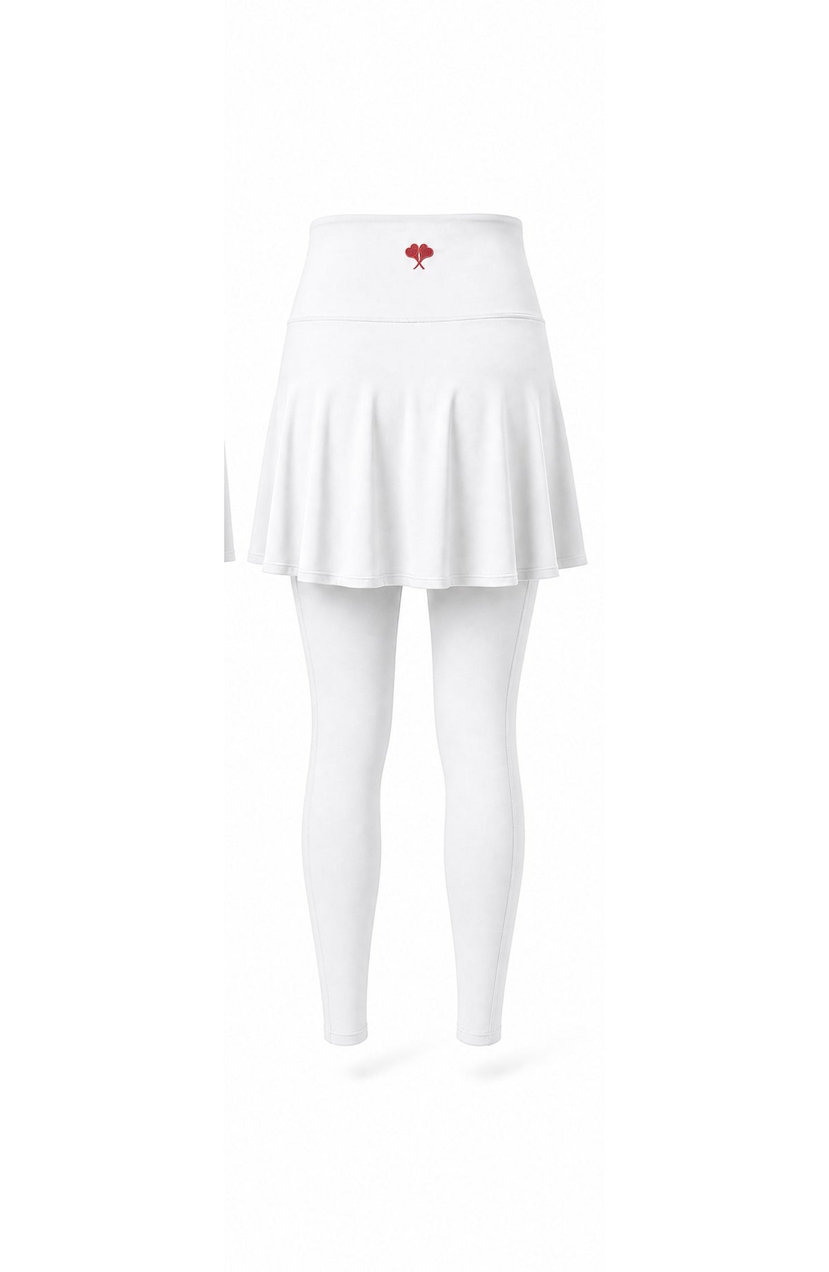 White pleated skirt with a red heart emblem on a white background