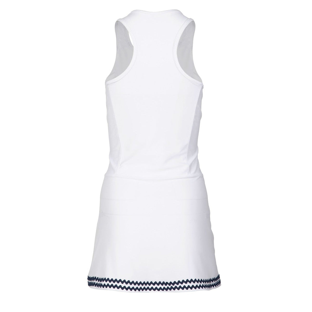 White sleeveless dress with navy trim on a white background