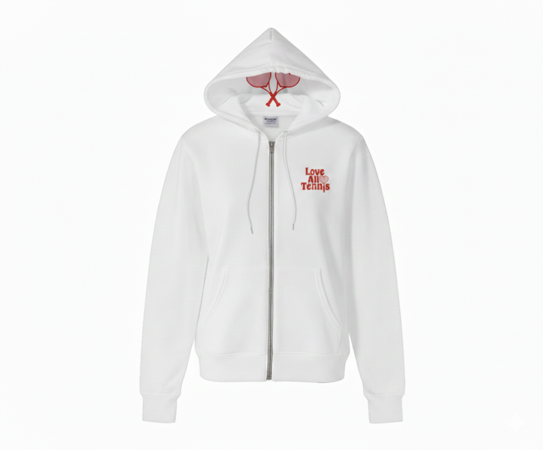 White hoodie with text and design on a white background