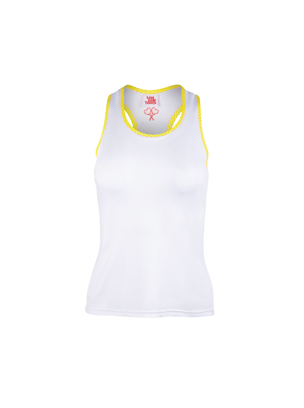 White tank top with yellow trim on a white background