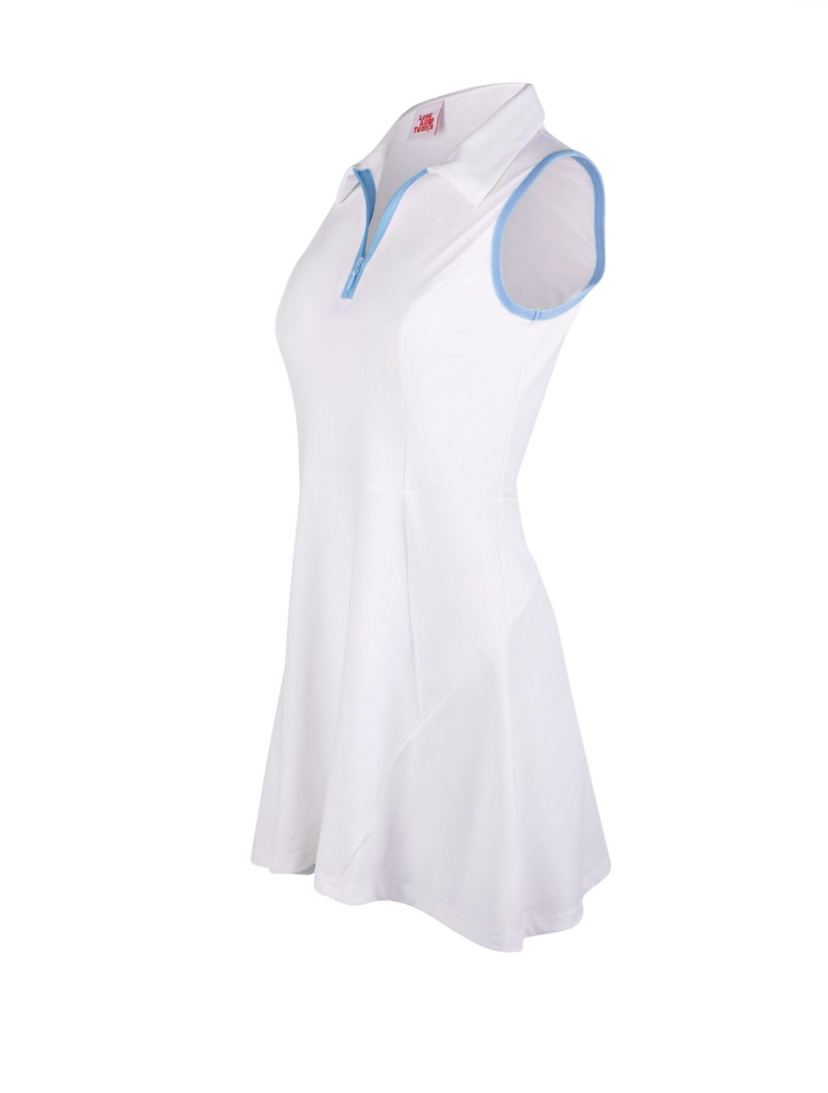 White sleeveless dress with blue accents on a white background