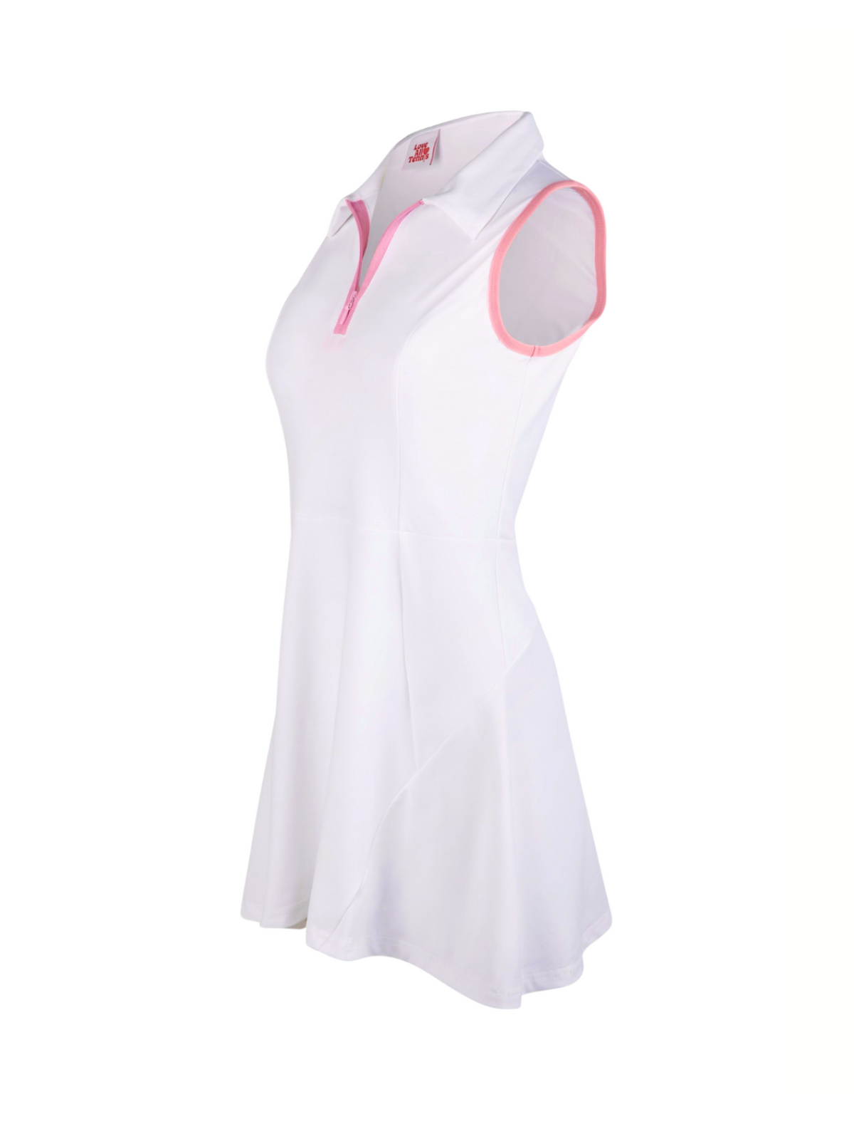 White sleeveless dress with pink accents on a white background