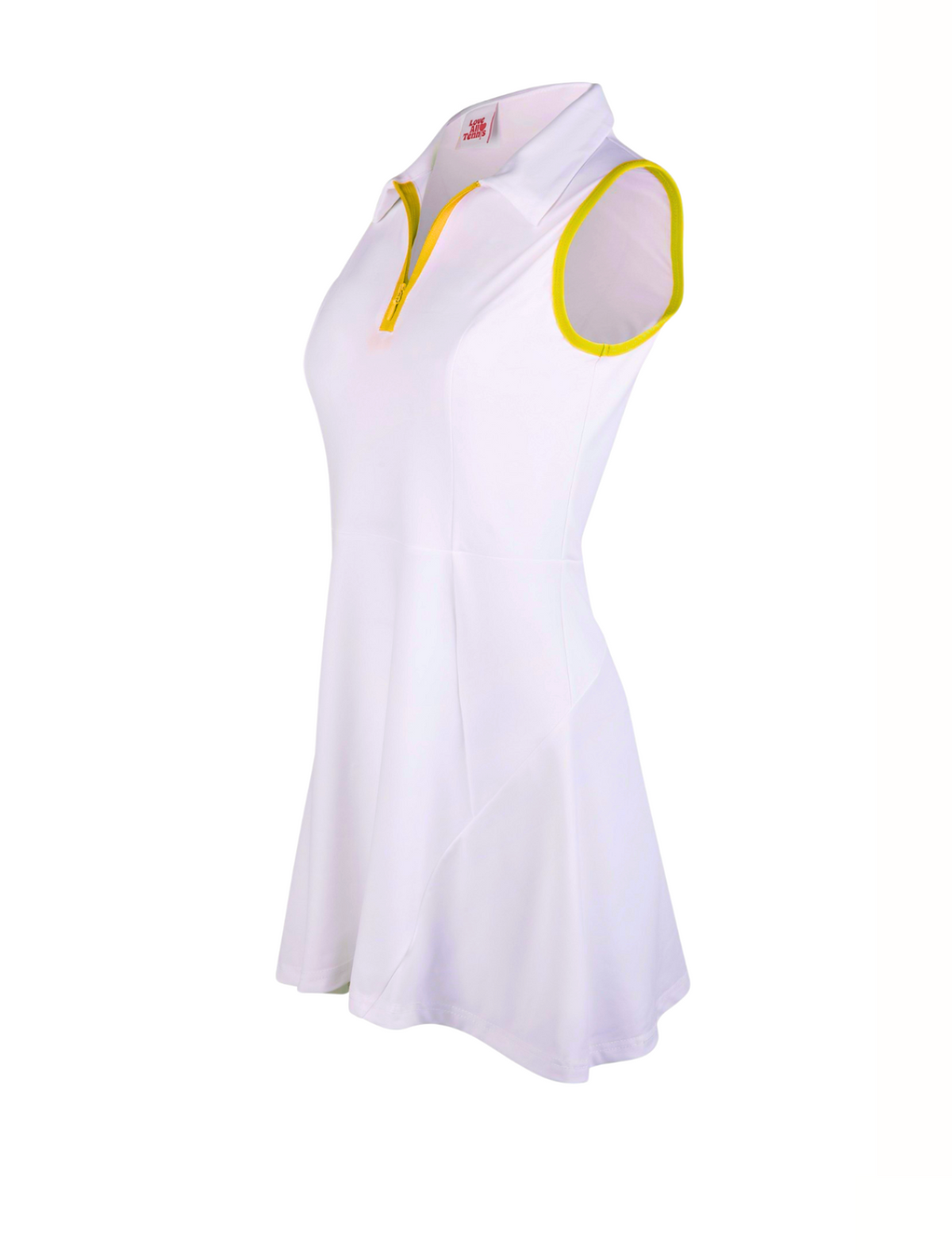 White sleeveless dress with yellow accents on a white background