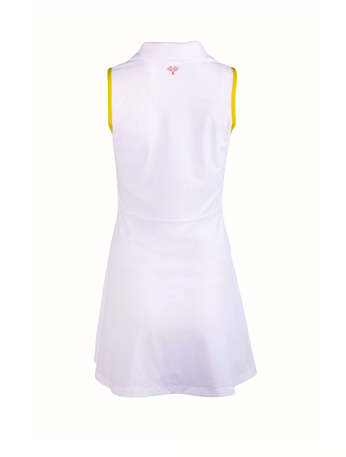White sleeveless dress with yellow accents on a white background