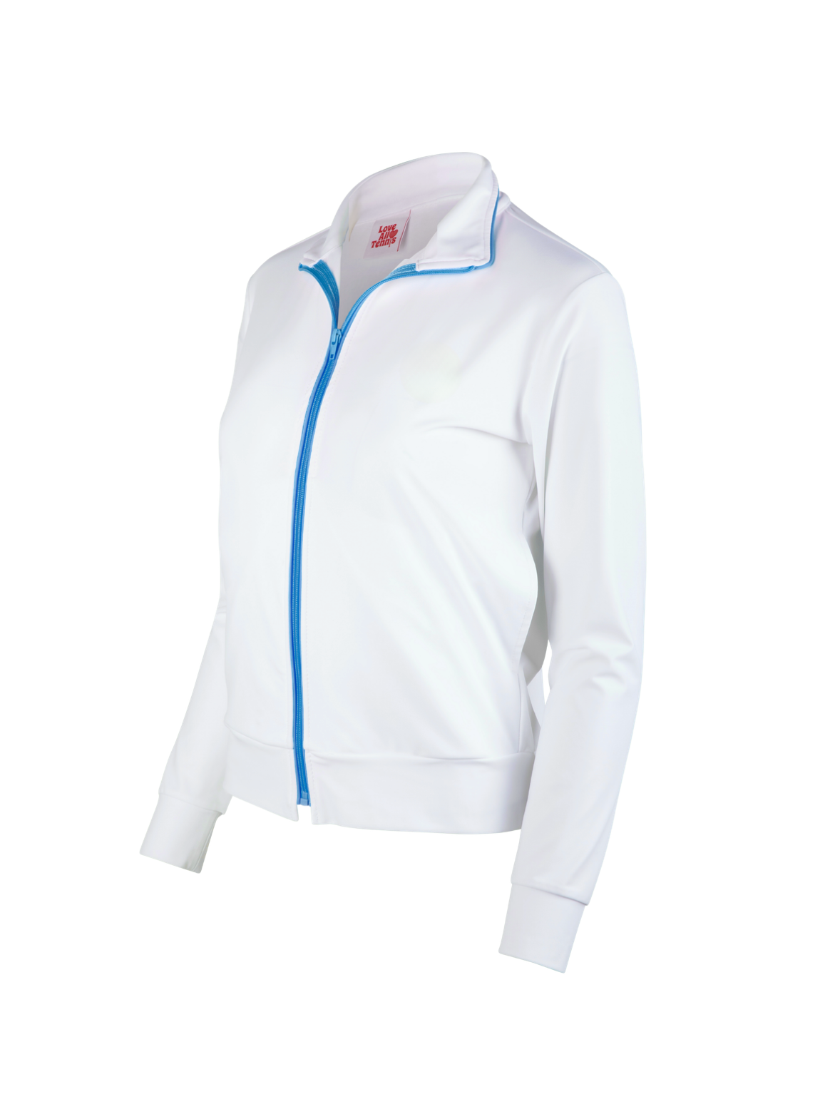 White jacket with blue zipper on a white background