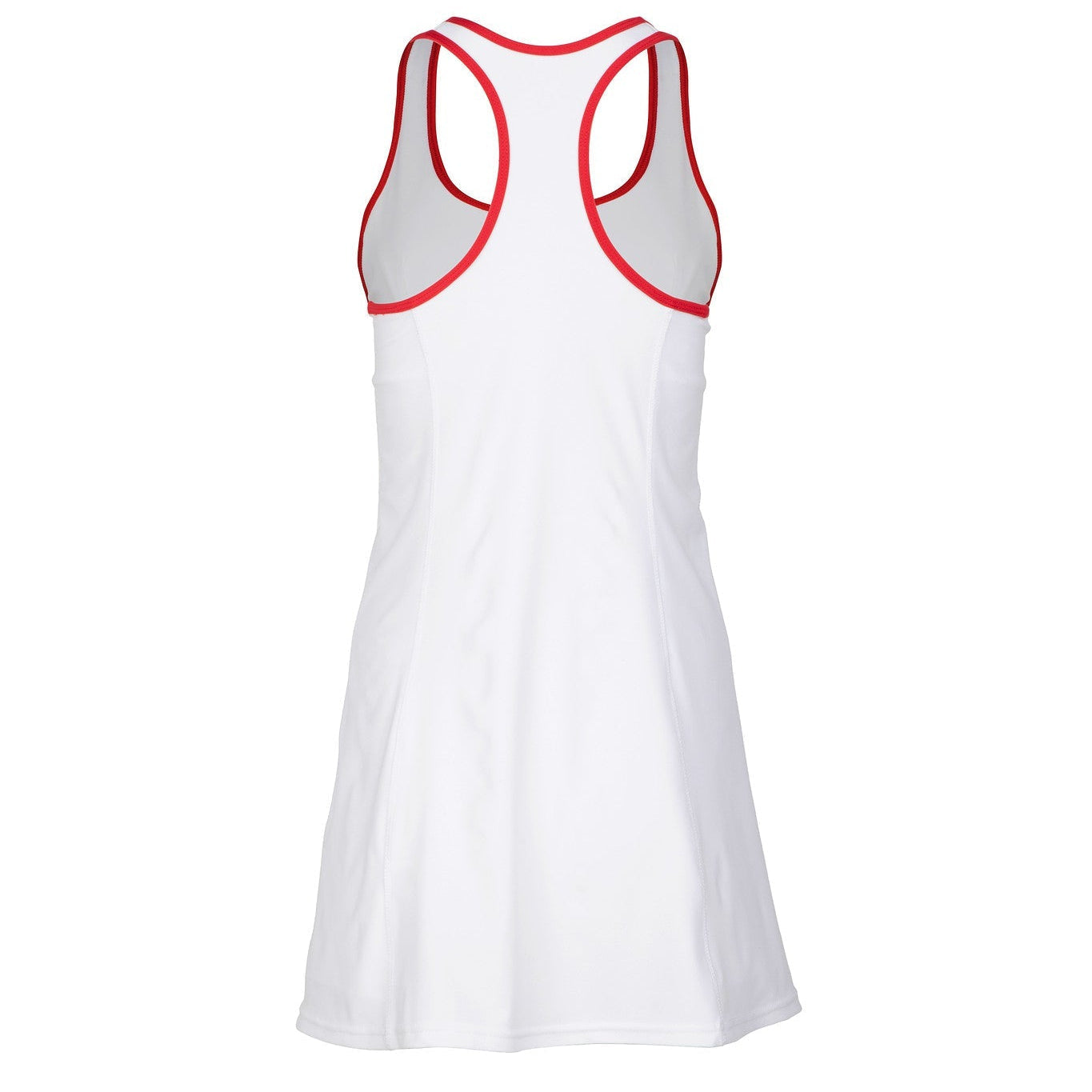 White dress with red accents on a white background