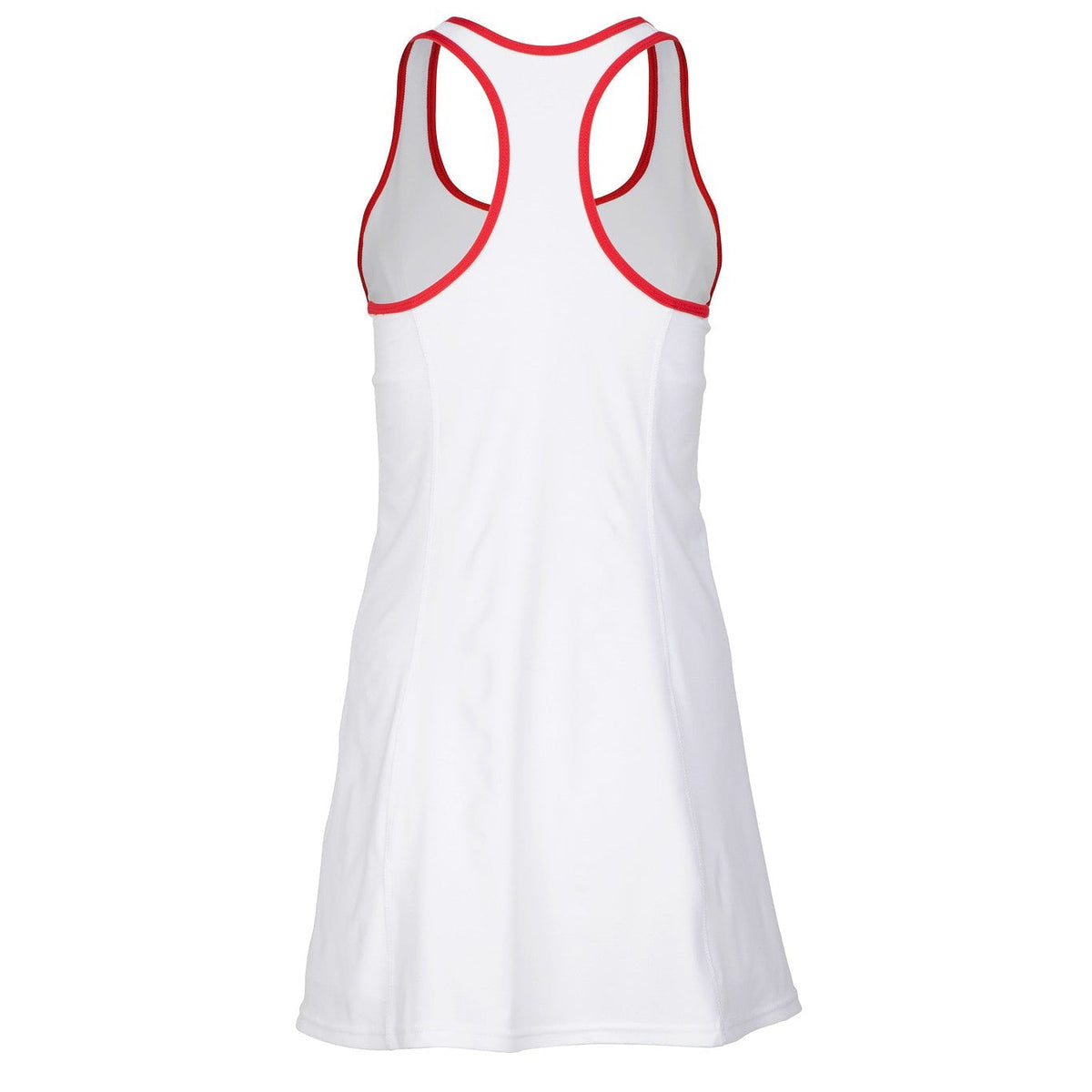 White dress with red accents on a white background