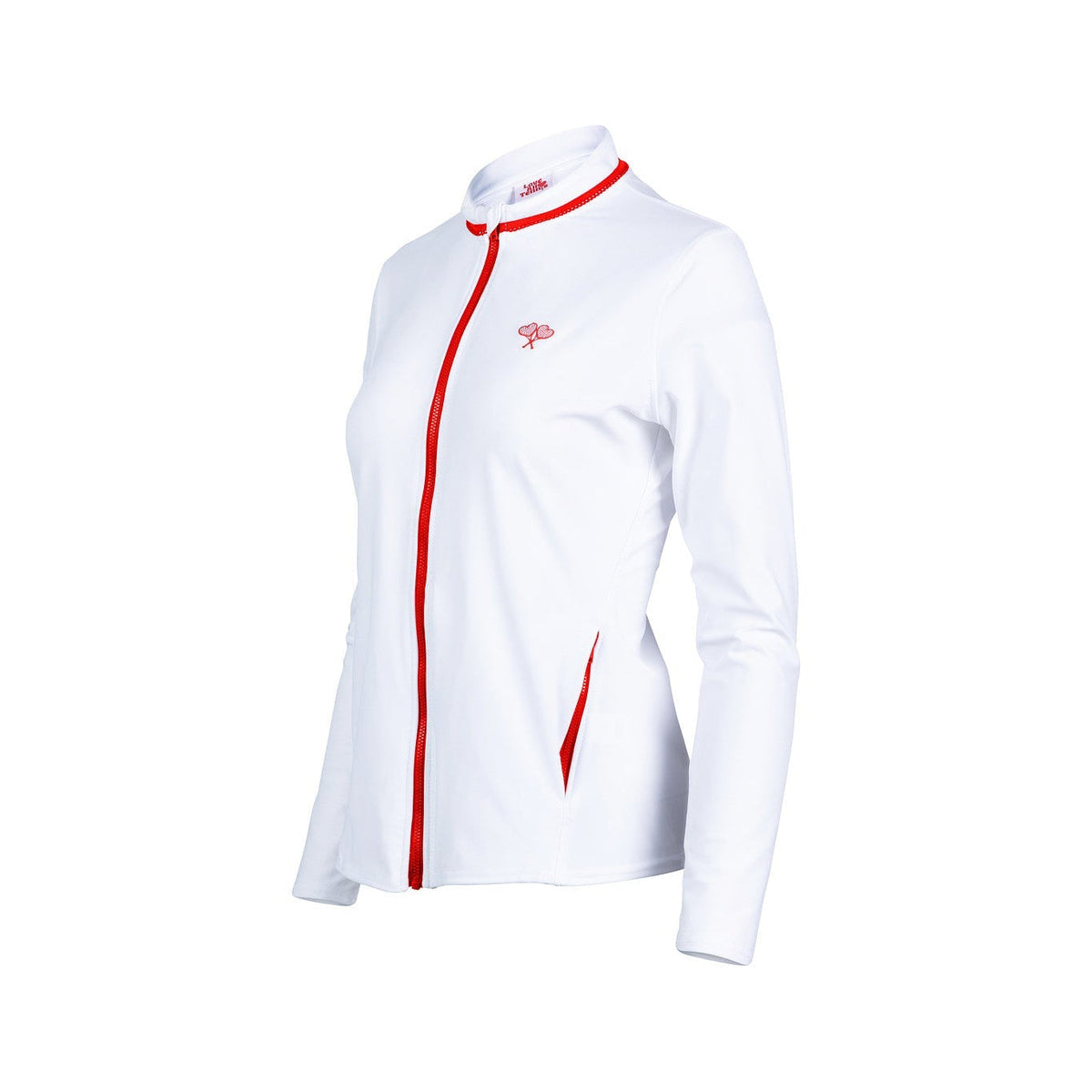 White jacket with red accents on a white background